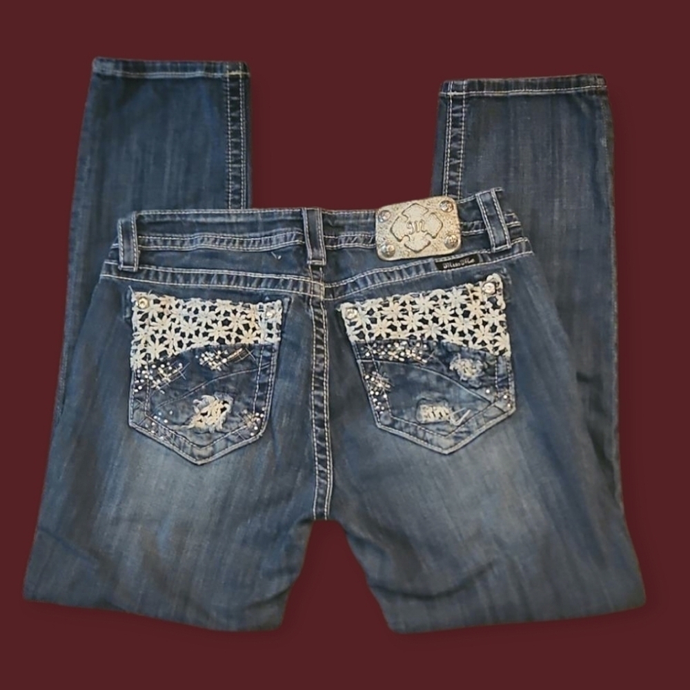 MISS ME Floral Lace Embellished Distressed Mid-rise Cuffed Skinny Denim Jeans